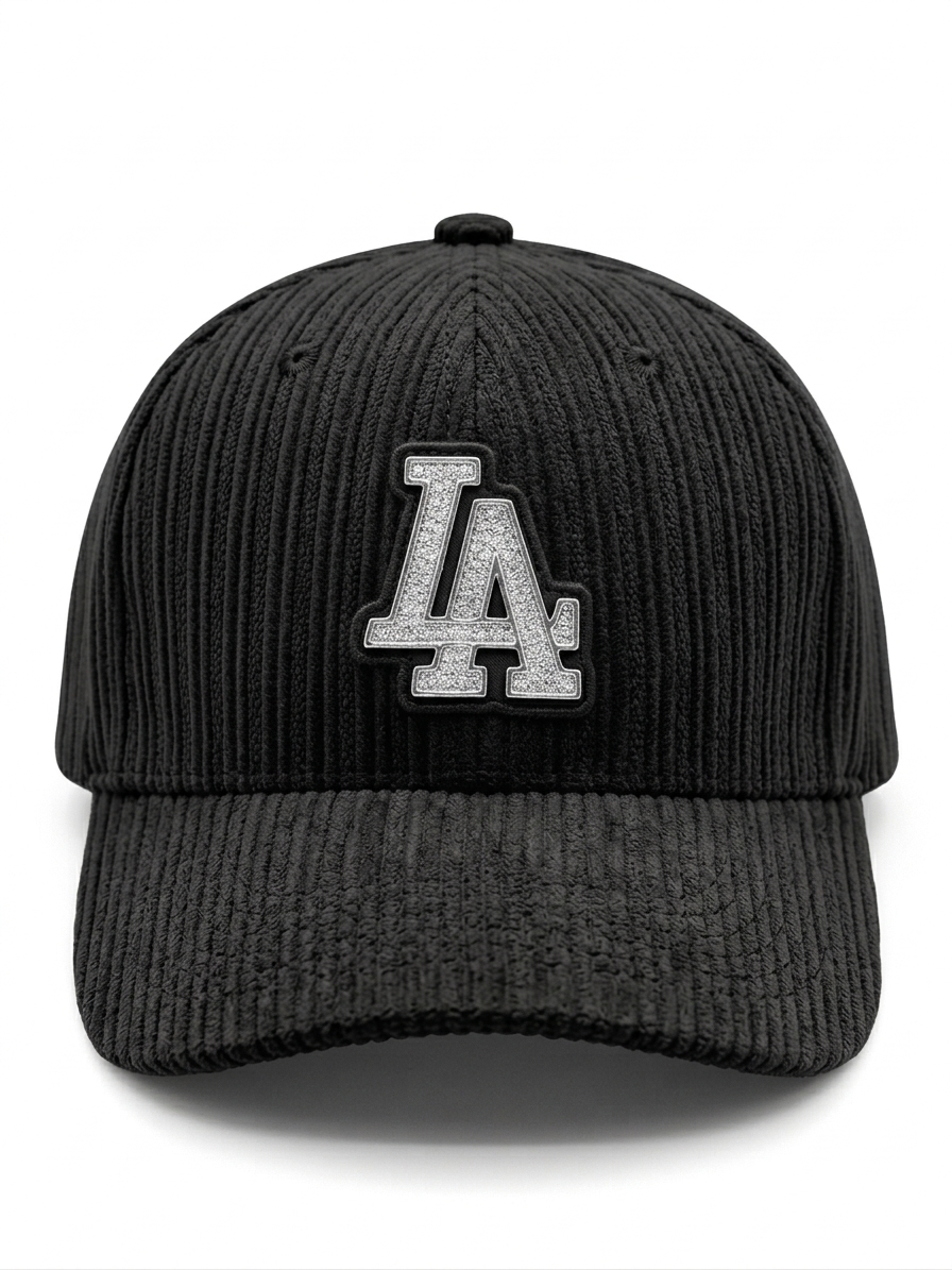 Black Corduroy LA Embroidered Baseball Cap – Premium Streetwear Adjustable Hat